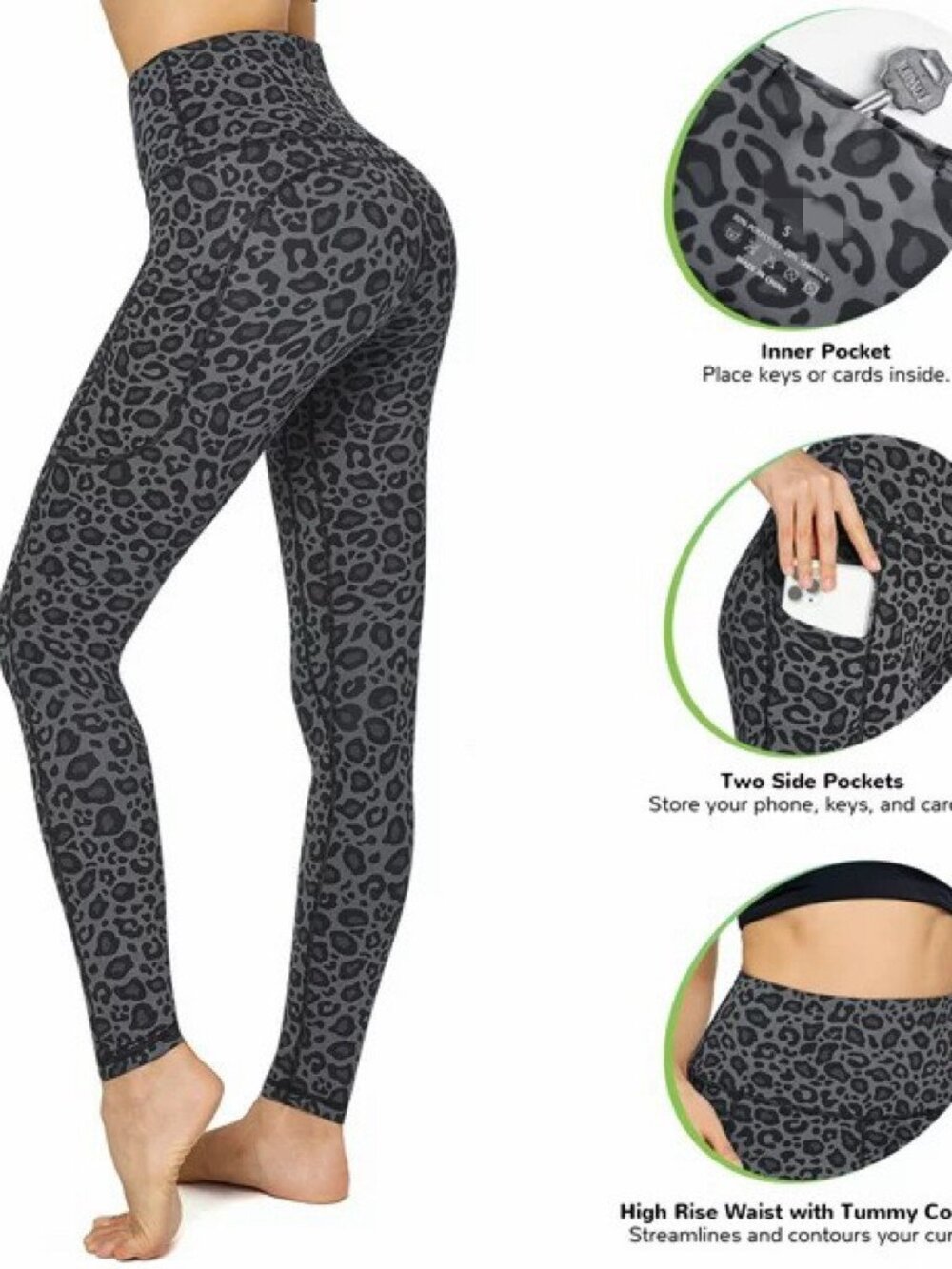 Womens Poly Spandex Tummy Control Yoga Leggings w/Pockets Dk Leopard M & L